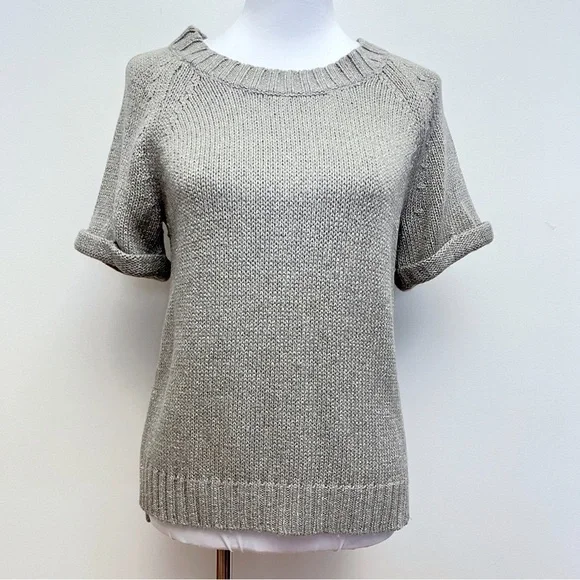 Banana Republic Grey Knit Gold Metallic Threaded Short Sleeve Wool Blend Sweater - Picture 1 of 10